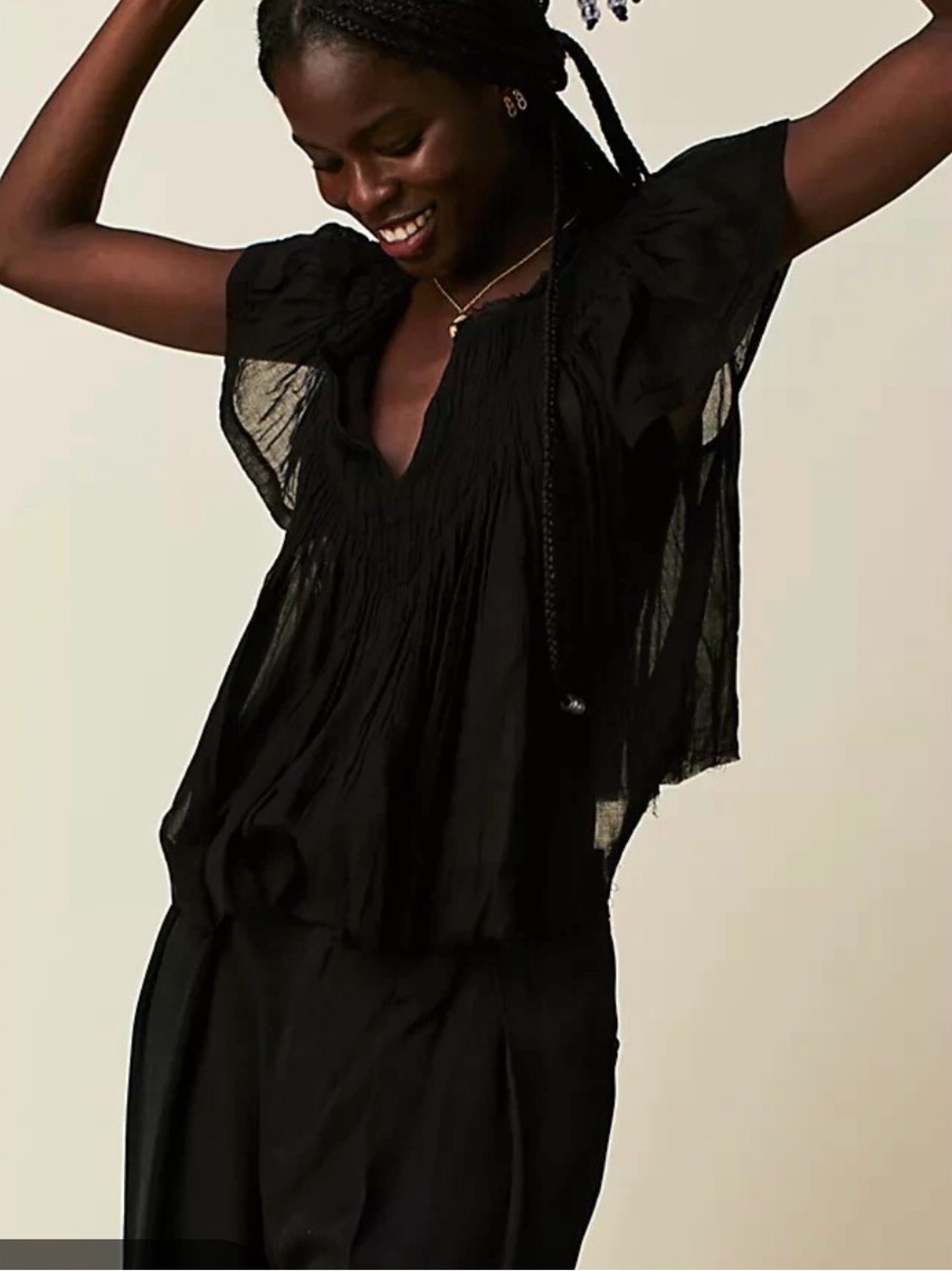 Free People FP One Padma Top Black Flutter Sleeve V Neck Pleated Blouse Sz M EUC